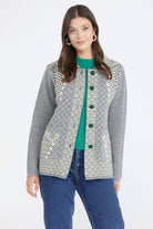 Renkli Desenli Polo Yaka Kadın Triko Ceket - Gri - Yeşil (2) Sementa