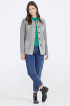 Renkli Desenli Polo Yaka Kadın Triko Ceket - Gri - Yeşil (3) Sementa