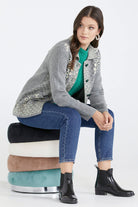 Renkli Desenli Polo Yaka Kadın Triko Ceket - Gri - Yeşil (1) Sementa