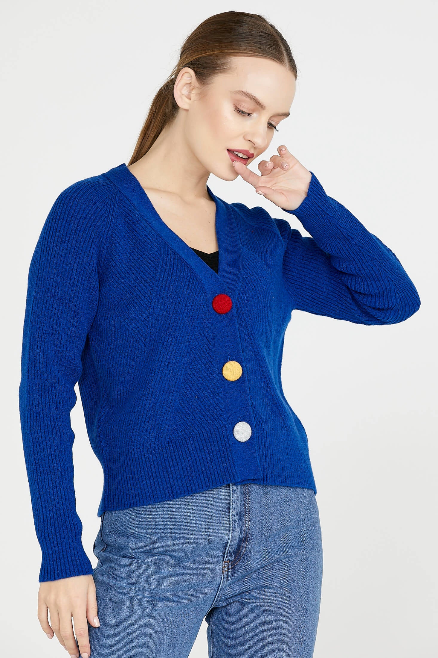 Renkli Düğmeli Triko Hırka - Saks (2) Sementa