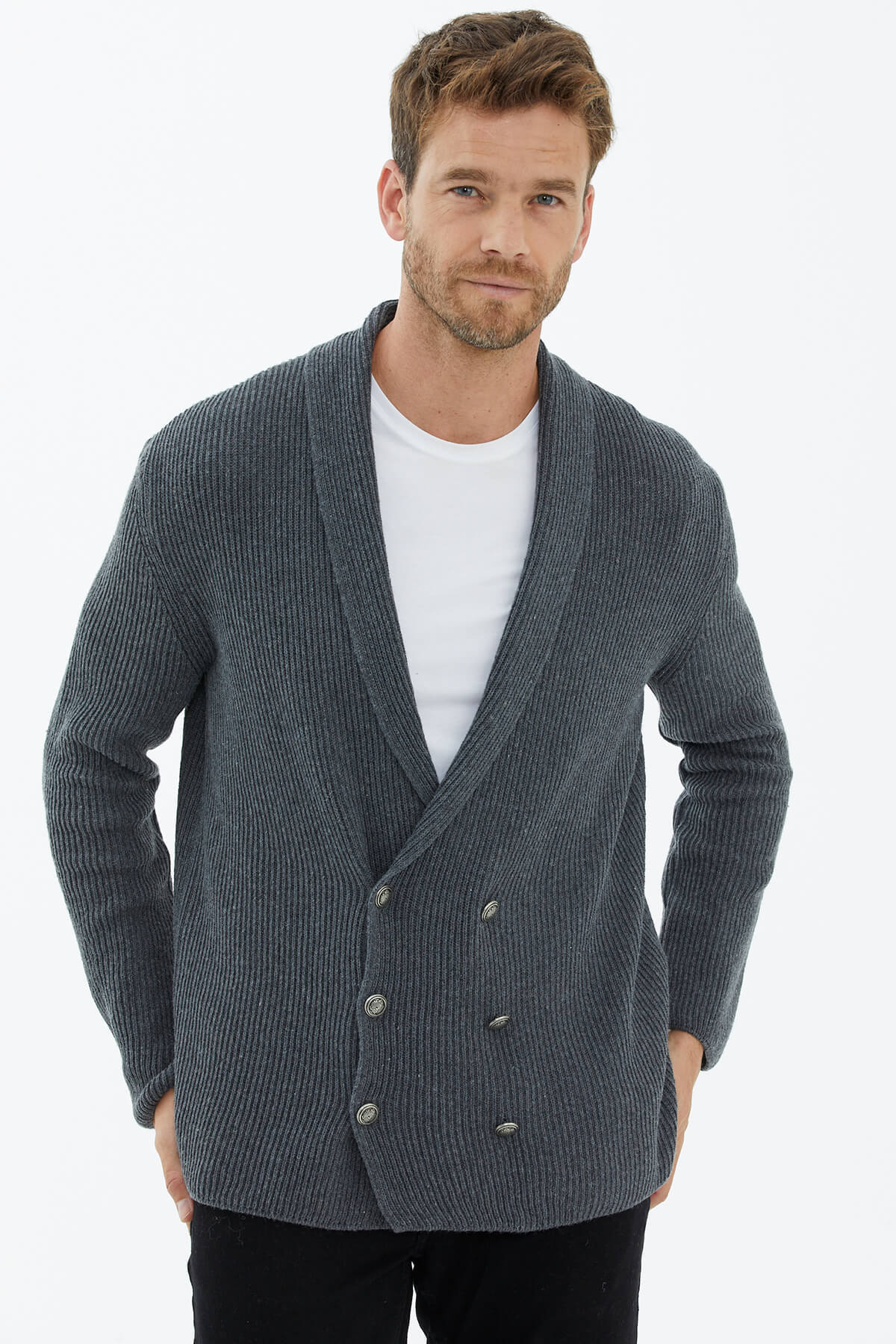 Şal Yaka Düğmeli Triko Hırka - Koyu Gri (2) Sementa