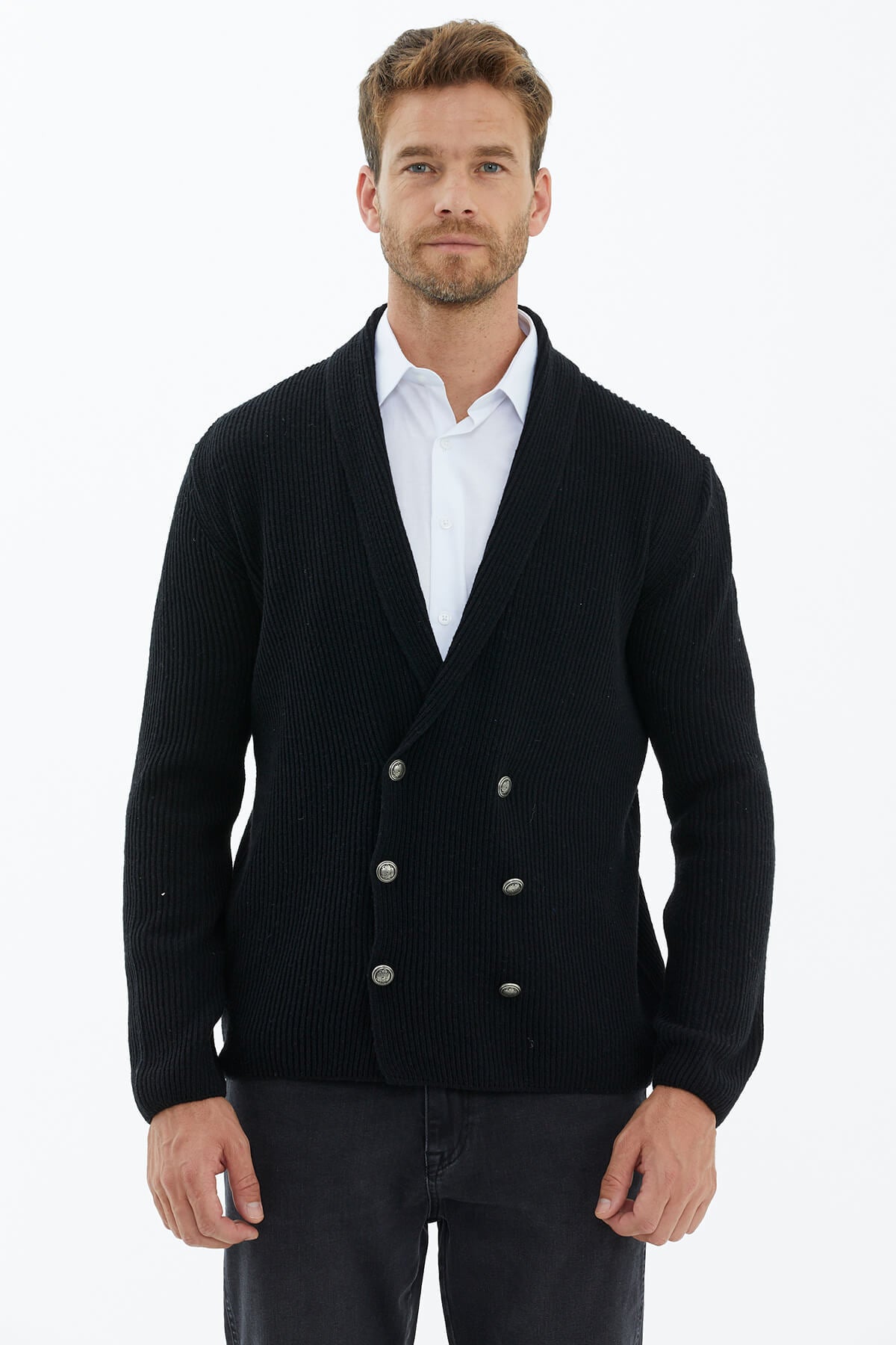 Şal Yaka Düğmeli Triko Hırka - Siyah (1) Sementa