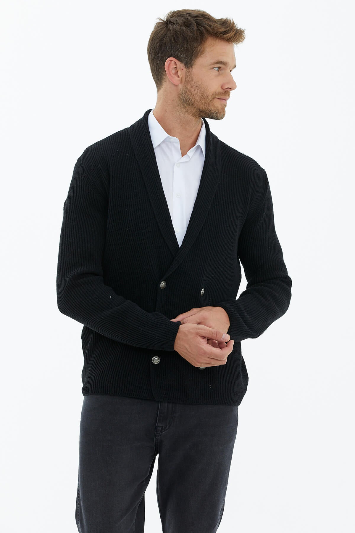 Şal Yaka Düğmeli Triko Hırka - Siyah (2) Sementa