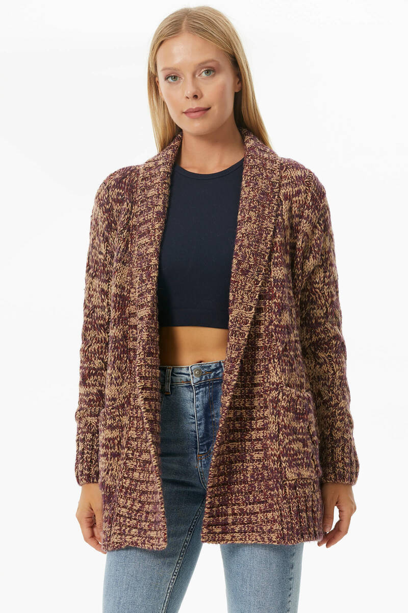 Şal Yaka Saç Örgülü Kırçıllı Triko Hırka - Kamel (1) Sementa