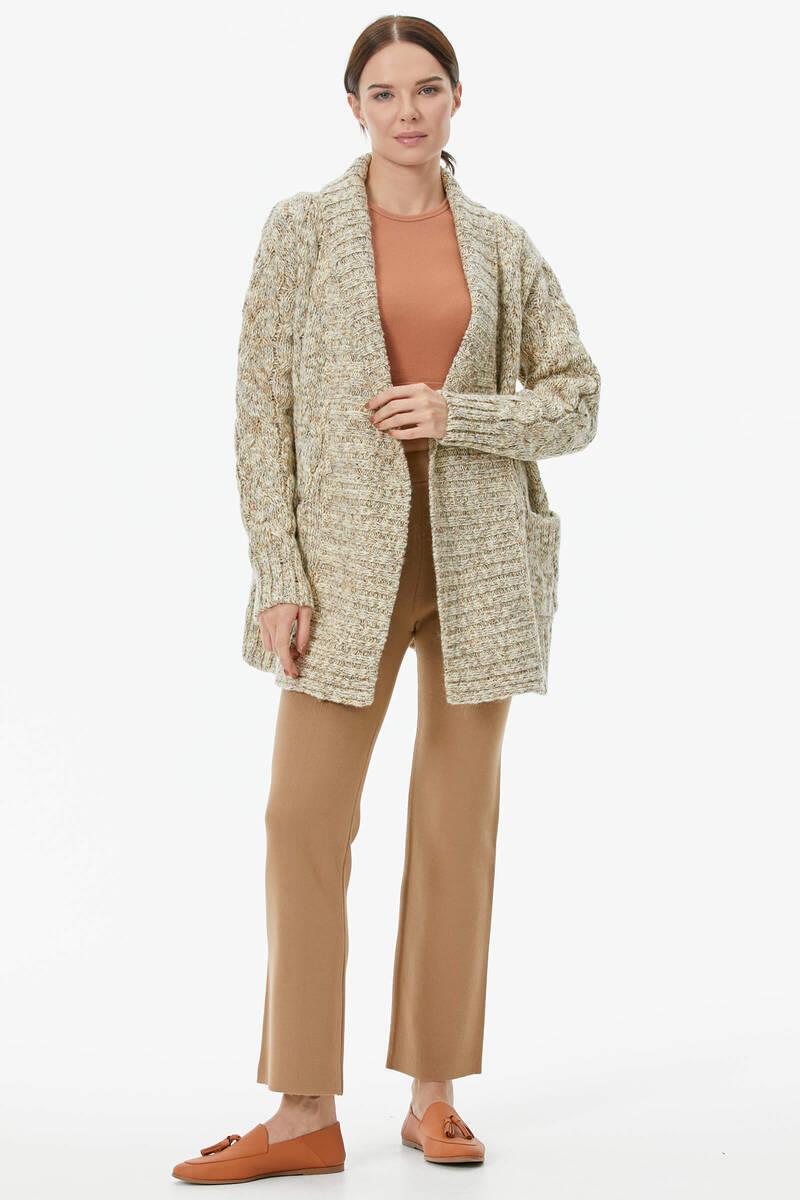 Şal Yaka Saç Örgülü Kırçıllı Triko Hırka - Kemik (1) Sementa