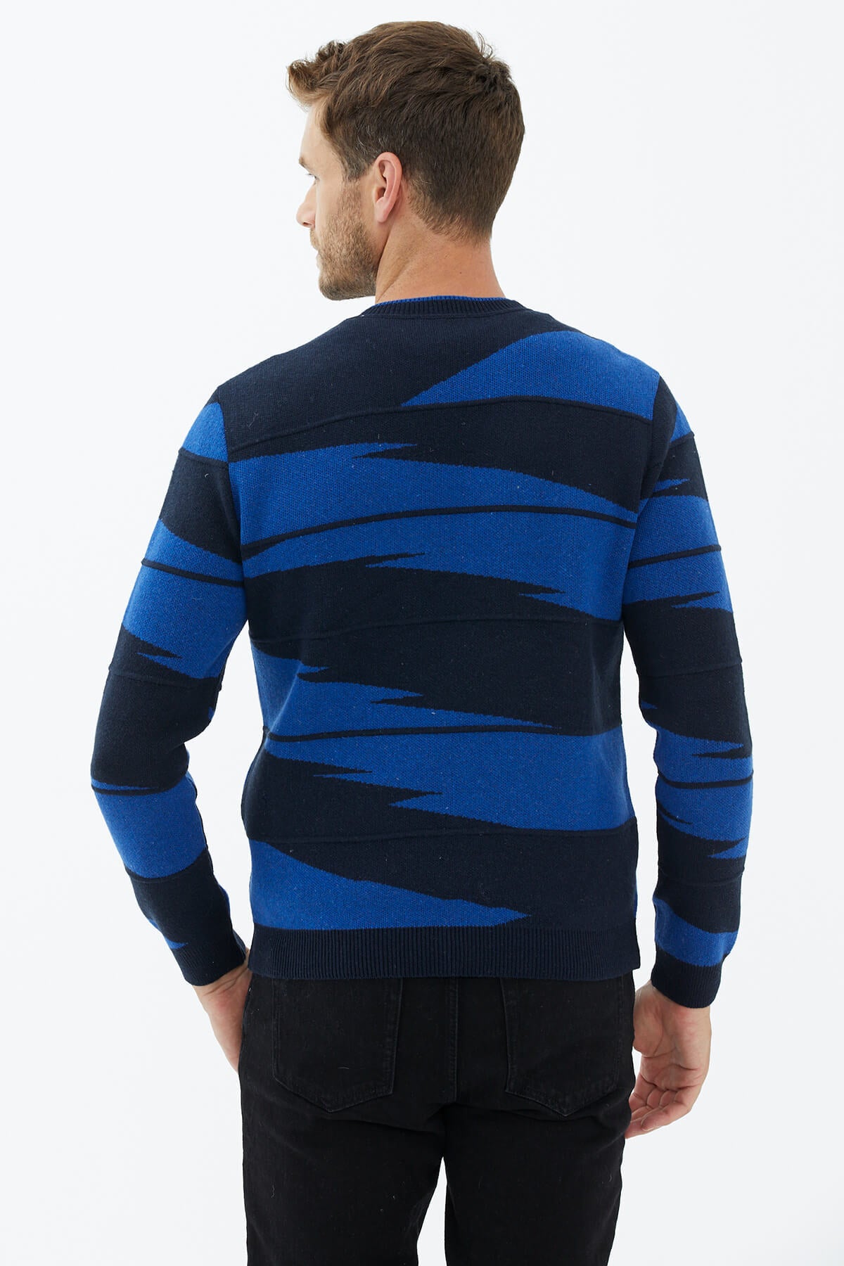 Sıfır Yaka Desenli Triko Kazak - Lacivert (3) Sementa