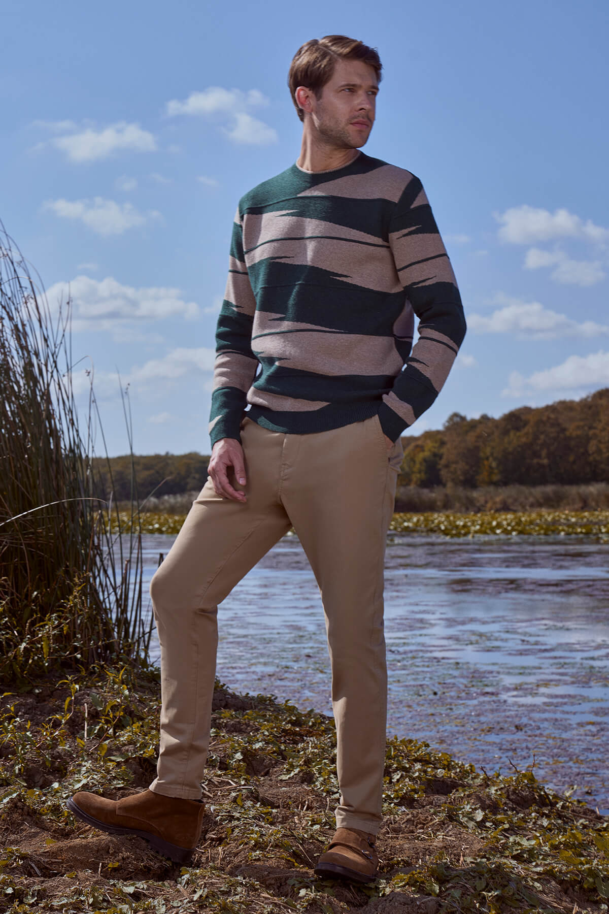 Sıfır Yaka Desenli Triko Kazak - Yeşil (1) Sementa