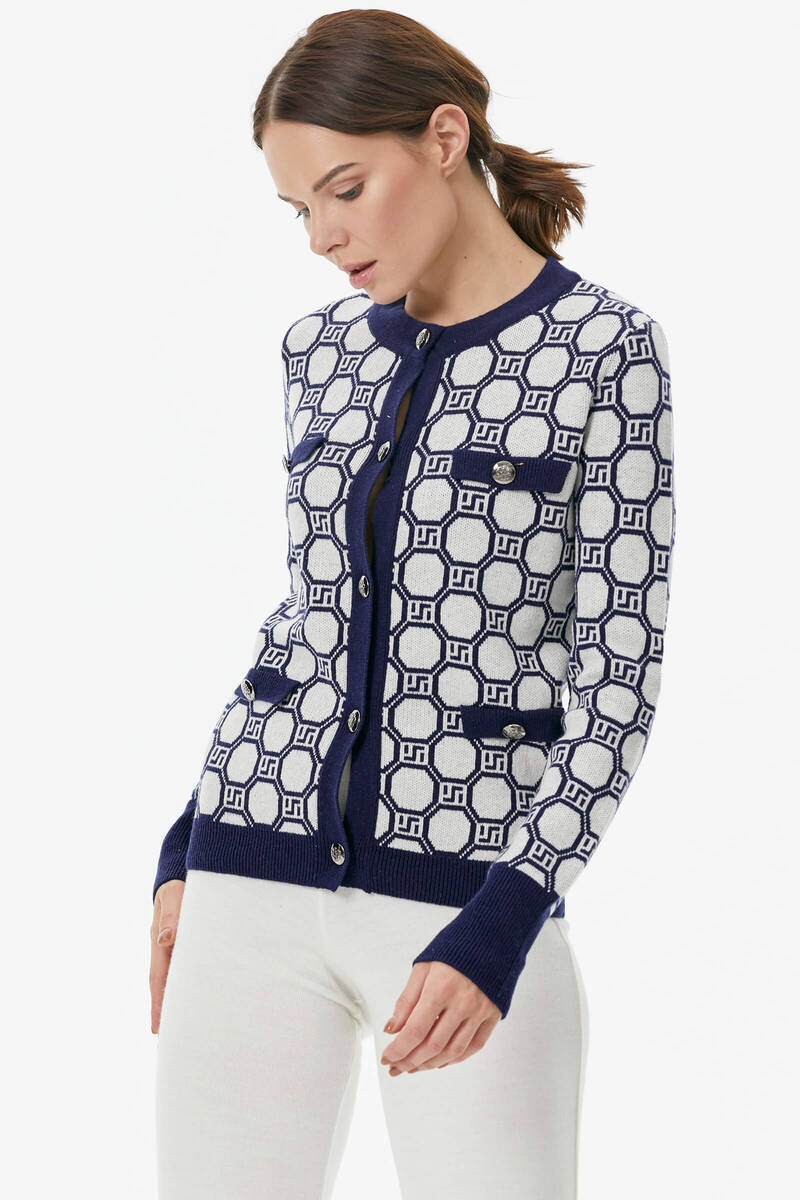 Sıfır Yaka Düğmeli Cep Detaylı Triko Hırka - Lacivert - Beyaz (3) Sementa