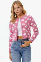 Sıfır Yaka Düğmeli Çiçek Desenli Triko Hırka - Pembe (1) Sementa