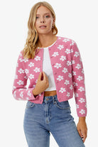 Sıfır Yaka Düğmeli Çiçek Desenli Triko Hırka - Pembe (2) Sementa