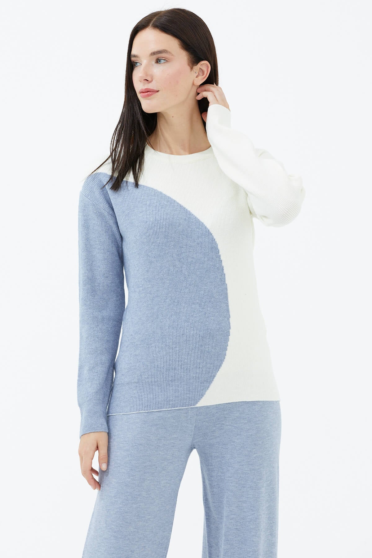 Sıfır Yaka  İki Renkli Triko Kazak - Kemik - Mavi (1) Sementa