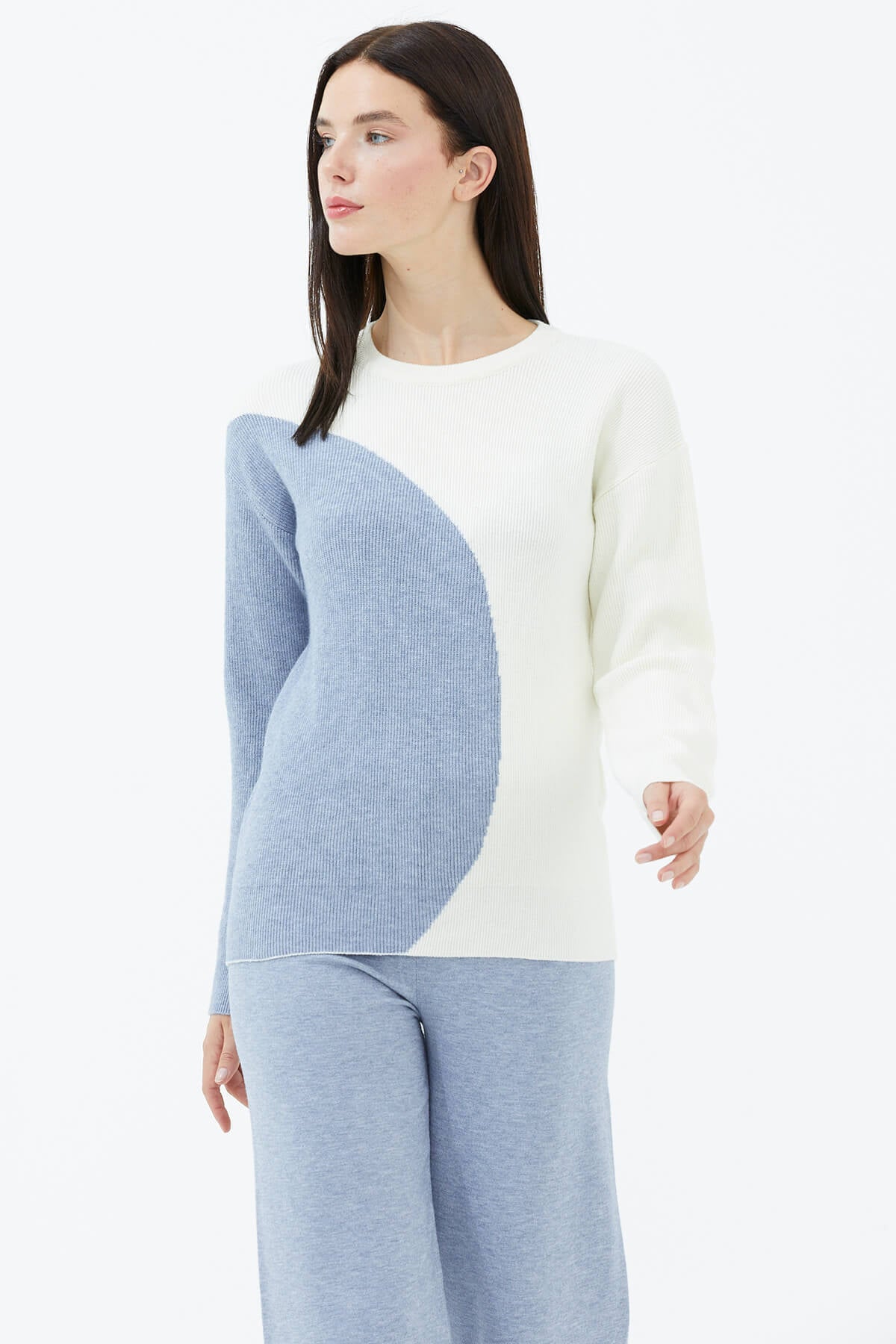 Sıfır Yaka  İki Renkli Triko Kazak - Kemik - Mavi (2) Sementa