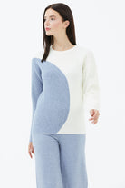 Sıfır Yaka  İki Renkli Triko Kazak - Kemik - Mavi (2) Sementa