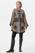 Sıfır Yaka Kilim Desenli Triko Panço - Bej (1) Sementa