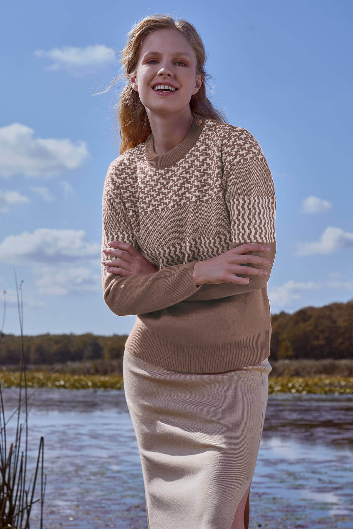 Sıfır Yaka Omuz Düğmeli Triko Kazak - Kamel (1) Sementa