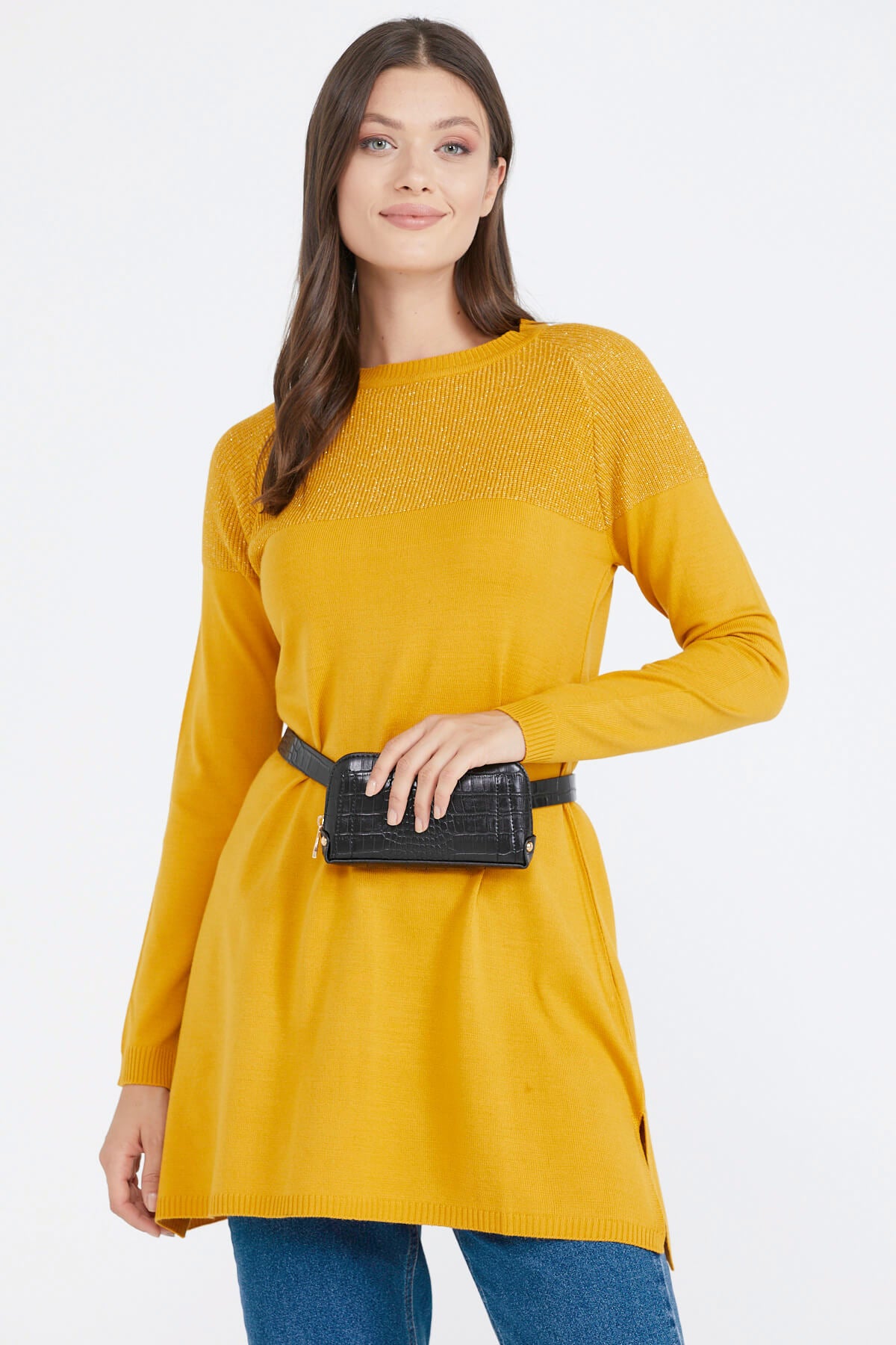 Sıfır Yaka Simli Triko Kadın Tunik - Hardal (1) Sementa