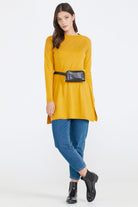 Sıfır Yaka Simli Triko Kadın Tunik - Hardal (2) Sementa