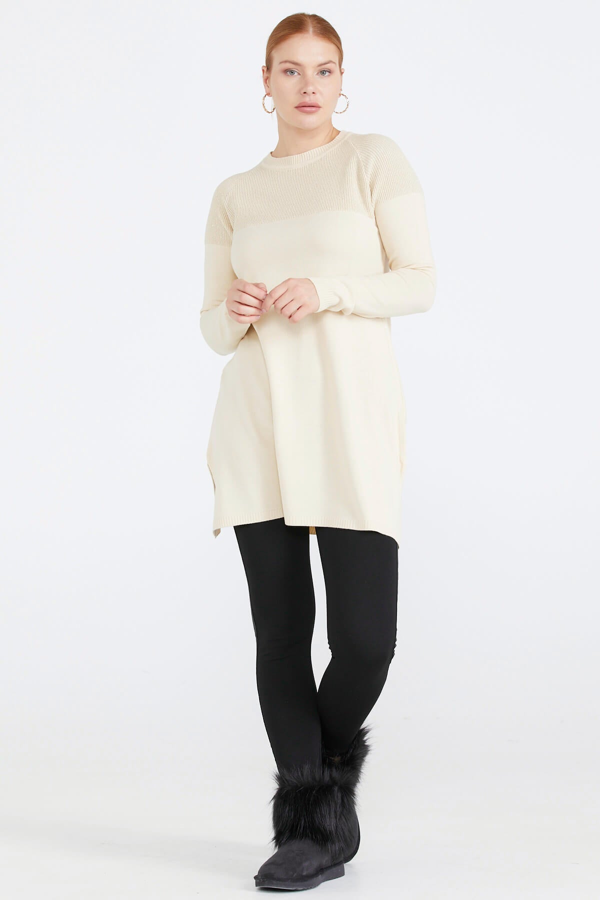 Sıfır Yaka Simli Triko Kadın Tunik - Krem (2) Sementa