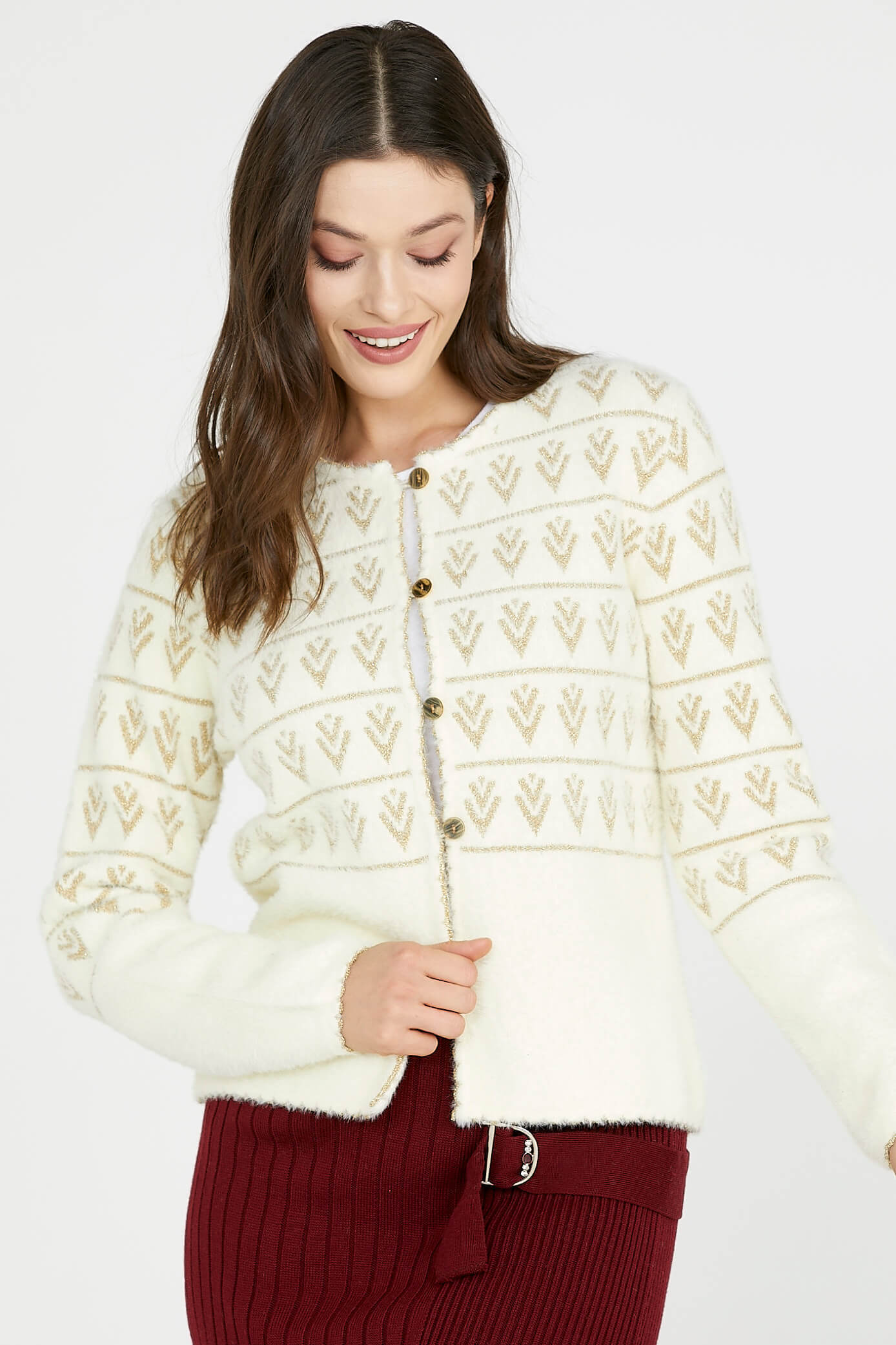 Glitter Patterned Soft Knitwear Cardigan Bone Bone M