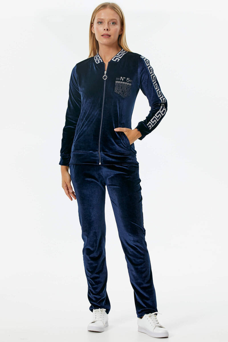 Glitter Knitted Detailed Velvet Tracksuit Suit Navy Blue