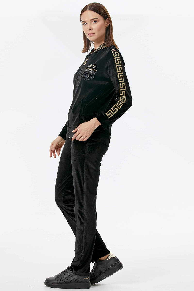 Sim Örme Detaylı Kadife Eşofman Takım - Siyah (4) Sementa