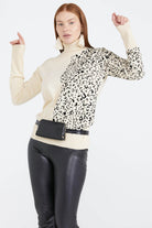 Tam Balıkçı Triko Leopar Desenli Kadın Kazak - Kemik (2) Sementa