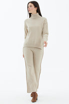 Tam Balıkçı Yaka Kazak Pantolon Triko Takım - Koyu Bej (2) Sementa