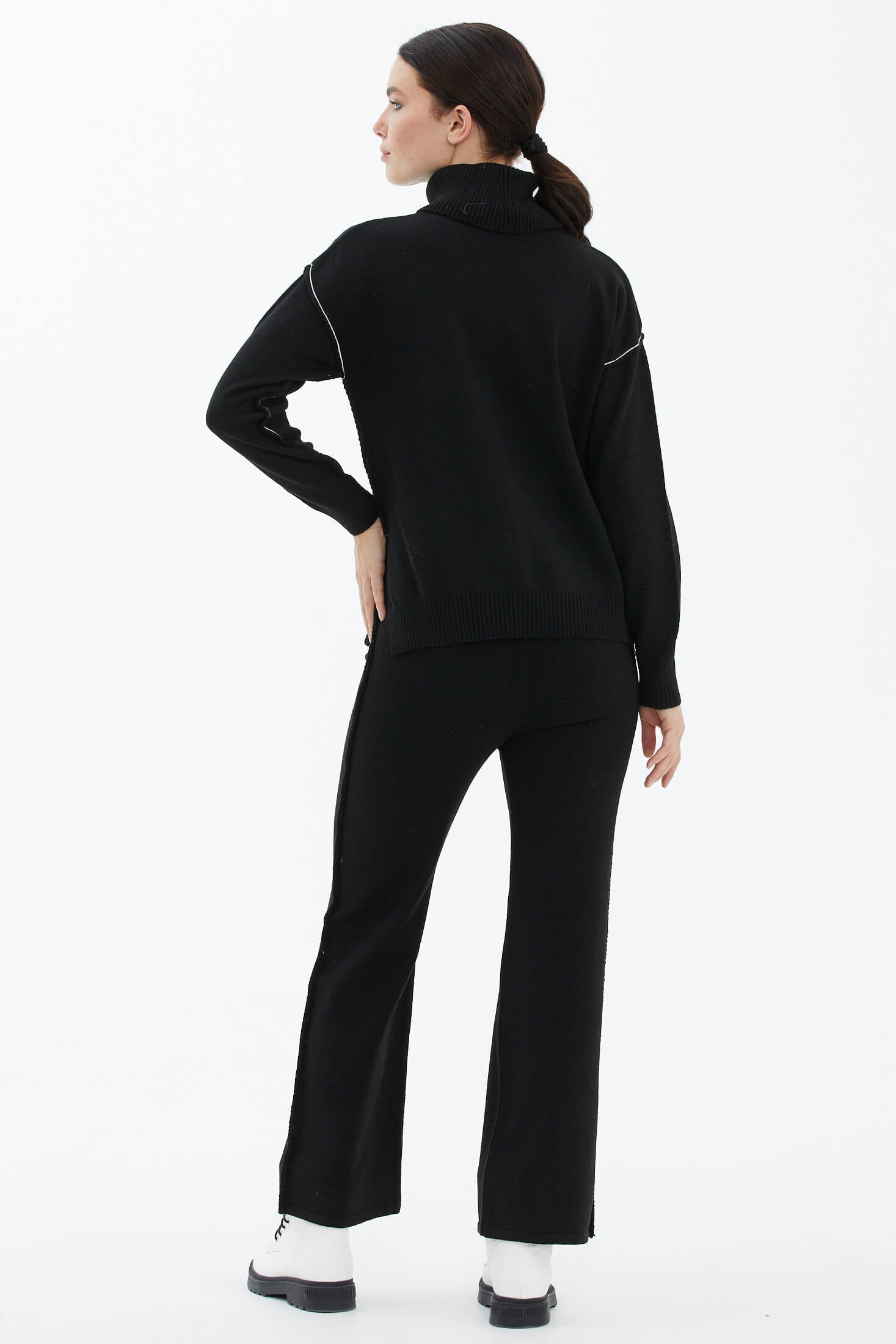 Tam Balıkçı Yaka Kazak Pantolon Triko Takım - Siyah (3) Sementa