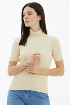 Tam Balıkçı Yaka Kısa Kollu Triko Kazak - Krem (2) Sementa