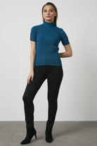 Tam Balıkçı Yaka Kısa Kollu Triko Kazak - Turkuaz (2) Sementa