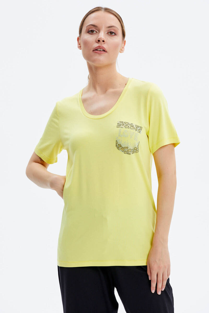 Taş Detaylı Geniş Yaka Penye Takım - Sarı - Siyah (3) Sementa