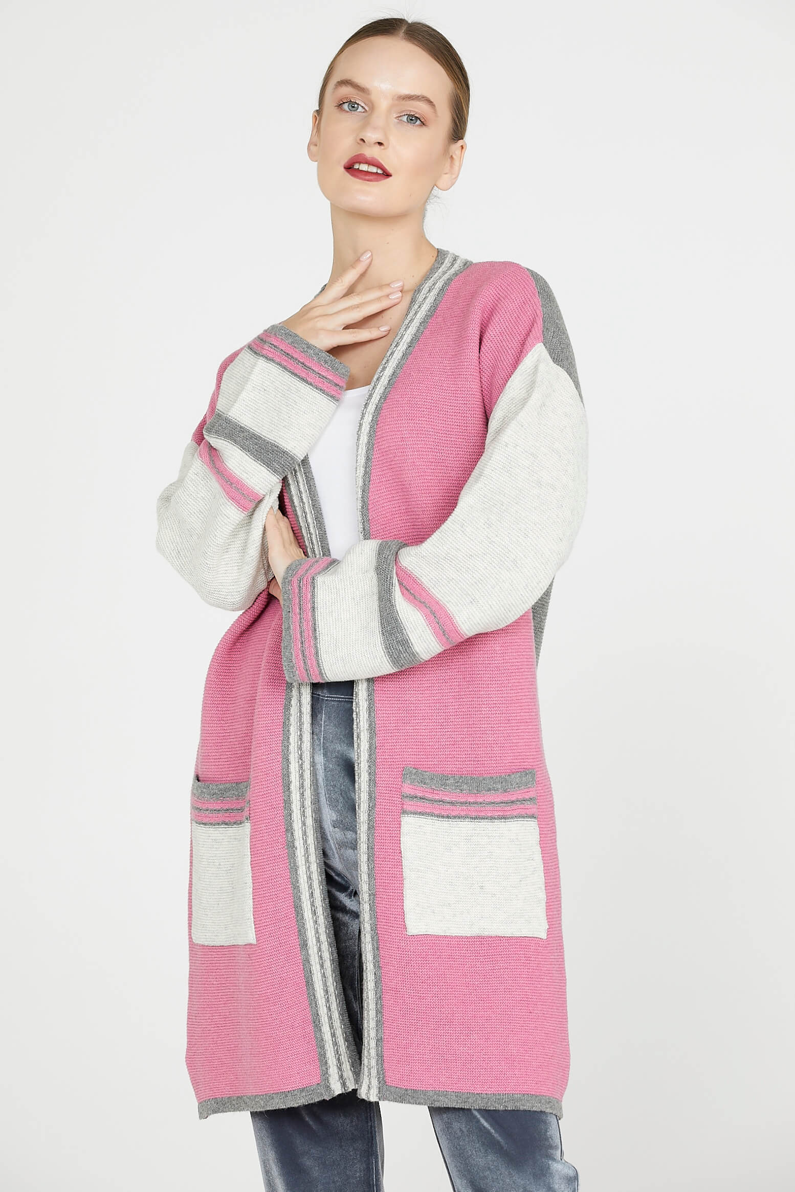 Triko Uzun Hırka - Gri - Pembe (1) Sementa