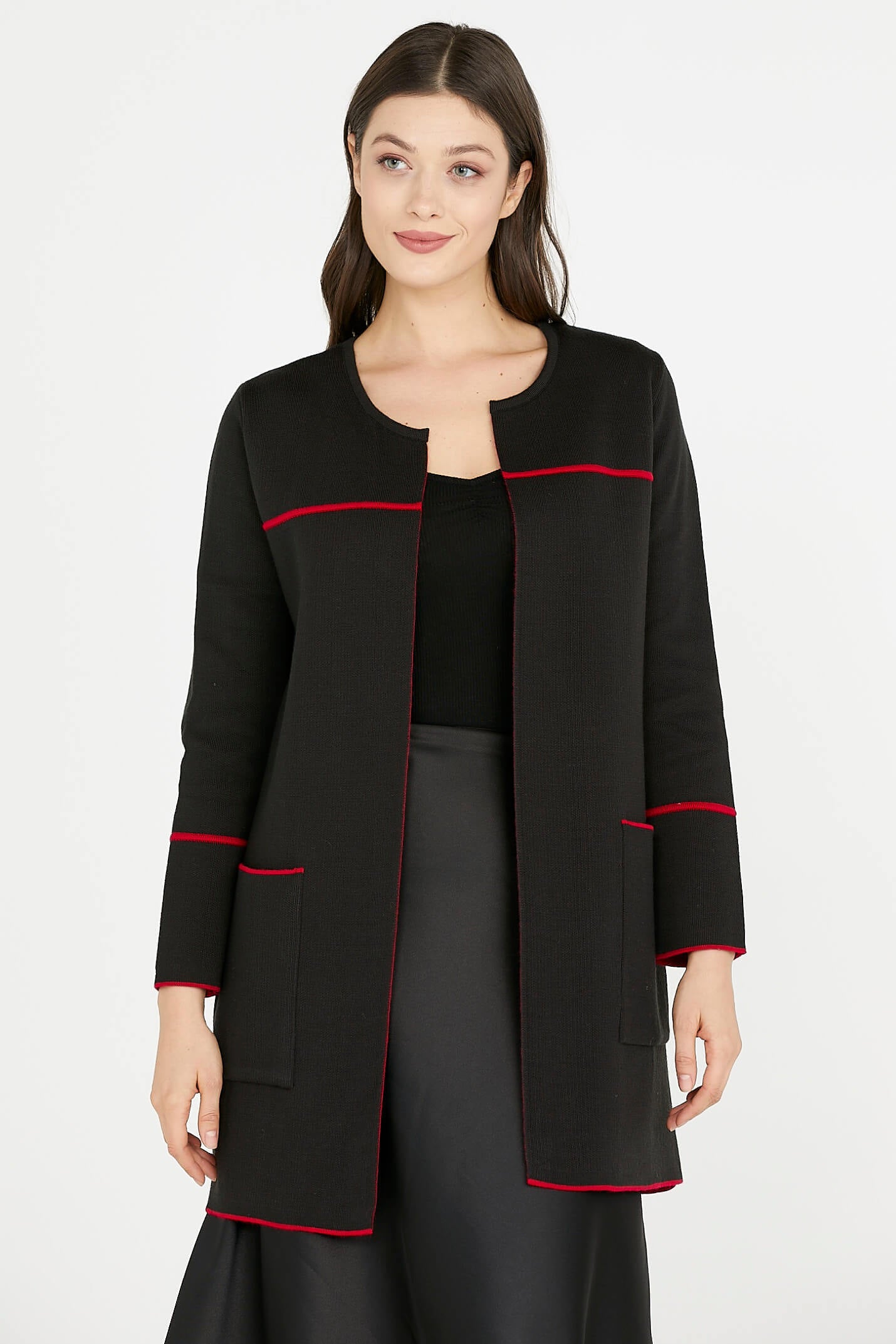 Uzun Triko Ceket - Siyah - Kırmızı (2) Sementa
