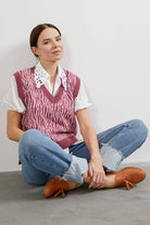 V Yaka Desenli Triko Süveter - Gül (1) Sementa