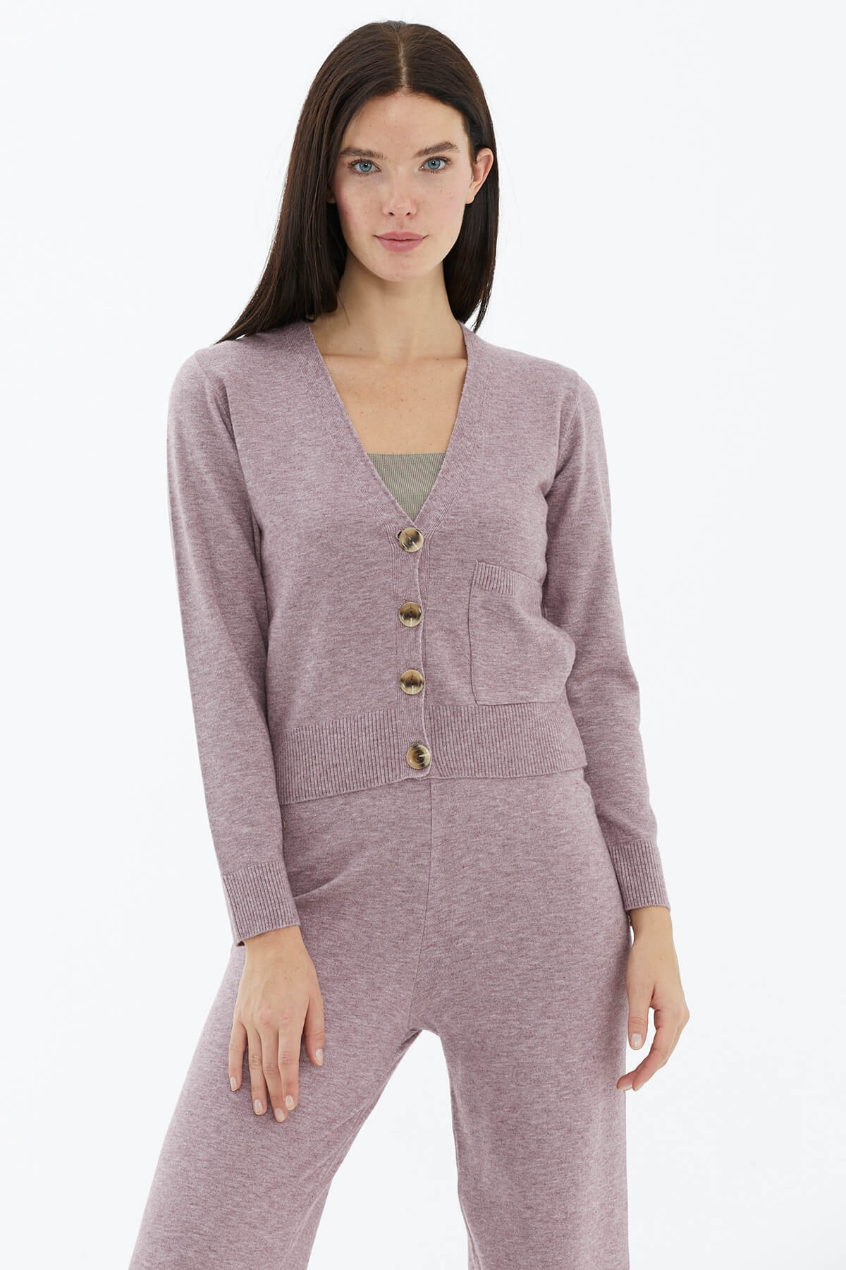 V Yaka Düğmeli Cepli Triko Hırka - Gül (1) Sementa