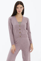 V Yaka Düğmeli Cepli Triko Hırka - Gül (1) Sementa