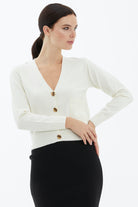 V Yaka Düğmeli Cepli Triko Hırka - Kemik (1) Sementa