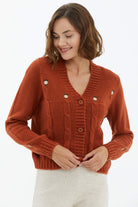 V Yaka Düğmeli Triko Hırka - Taba (1) Sementa