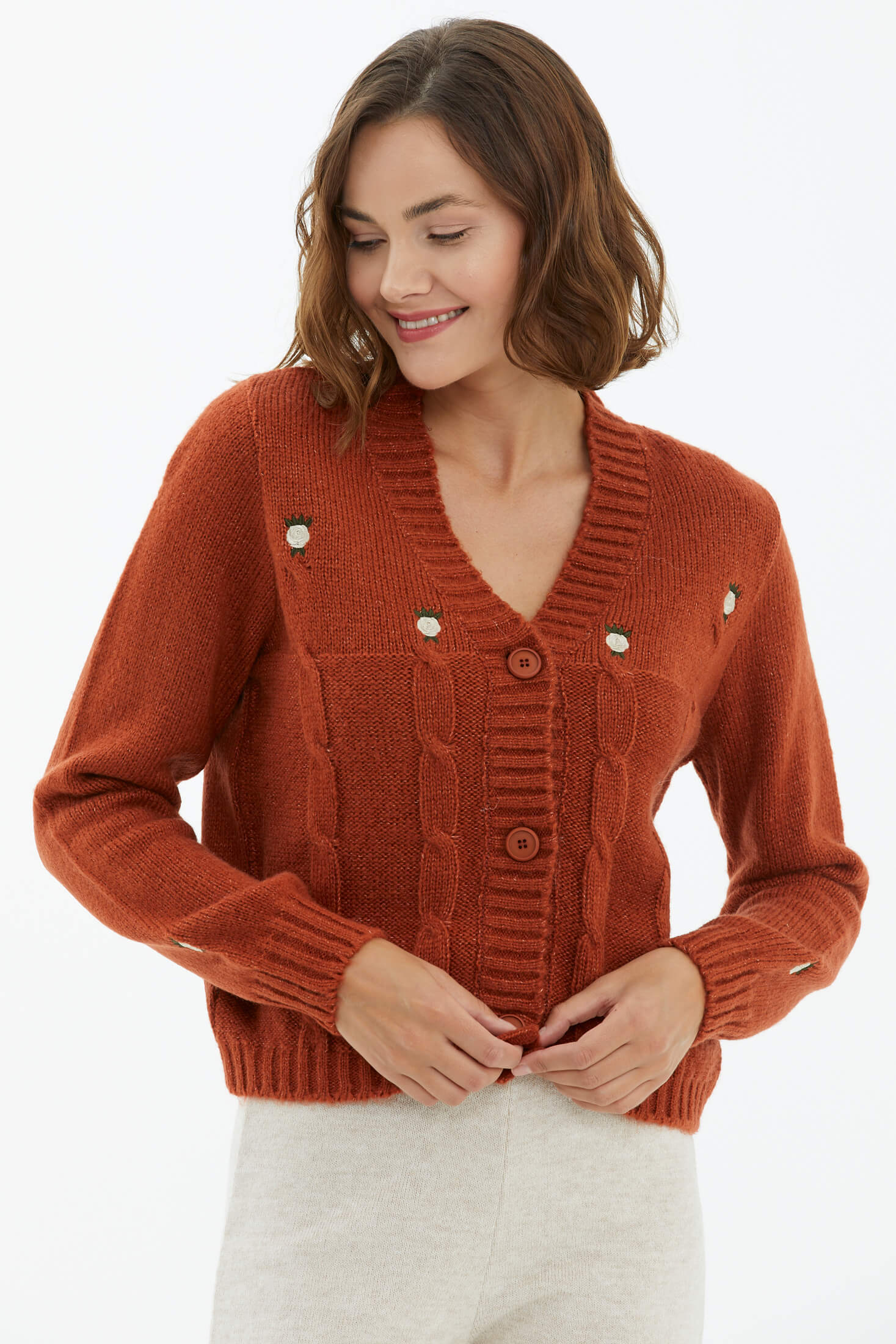 V Yaka Düğmeli Triko Hırka - Taba (1) Sementa