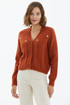 V Yaka Düğmeli Triko Hırka - Taba (2) Sementa