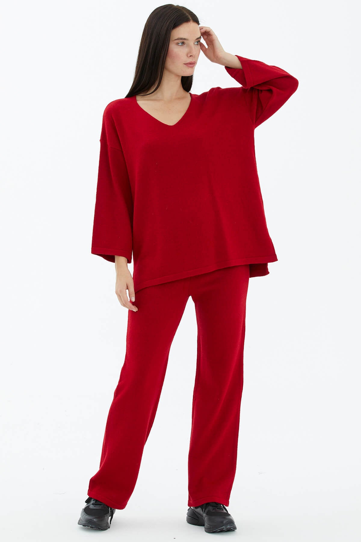 V Yaka İkili Triko Takım - Kırmızı (1) Sementa