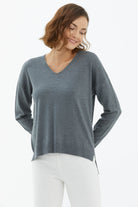 V Yaka Triko Dökümlü Kazak - Koyu Gri (1) Sementa