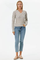 V Yaka Yaprak Desenli Triko Kazak - Açık Bej (1) Sementa