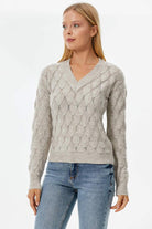 V Yaka Yaprak Desenli Triko Kazak - Açık Bej (2) Sementa