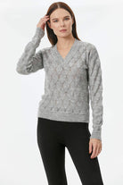 V Yaka Yaprak Desenli Triko Kazak - Açık Gri (2) Sementa