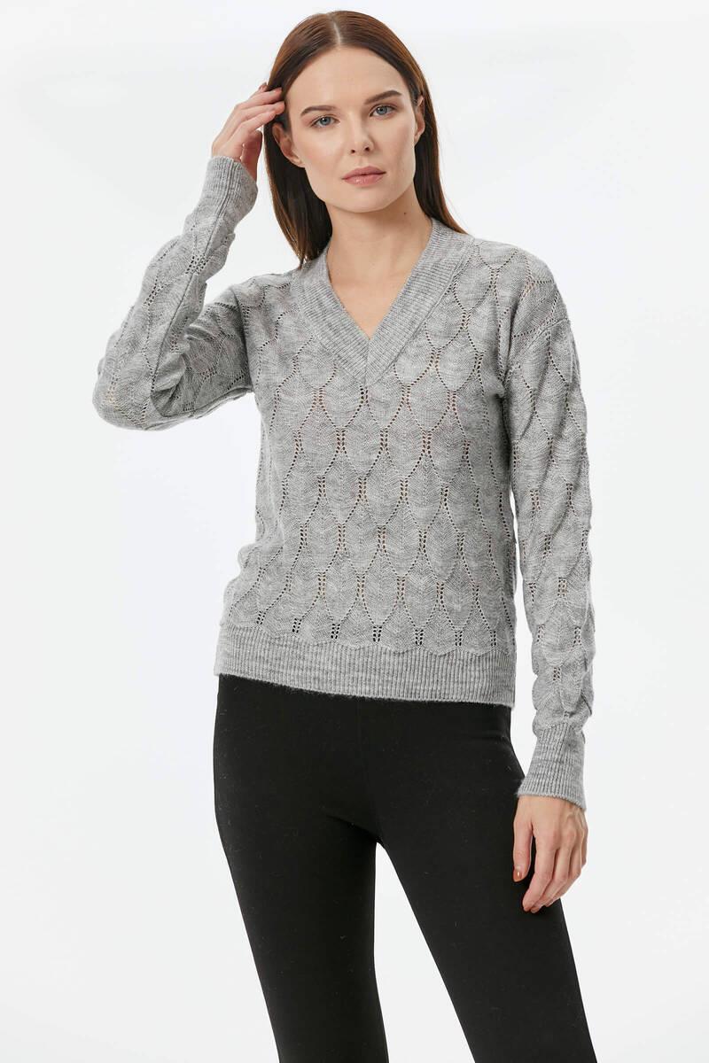 V Yaka Yaprak Desenli Triko Kazak - Açık Gri (2) Sementa