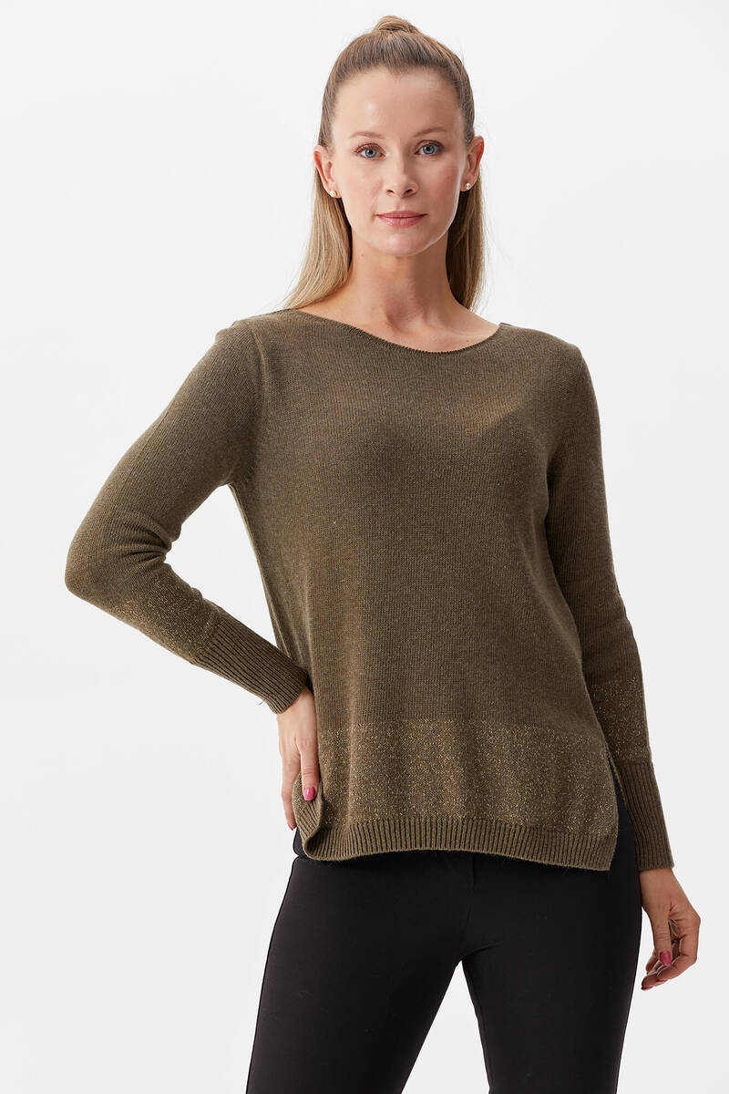Kayık Yaka Sim Detaylı Triko Kazak - Haki (1) Sementa