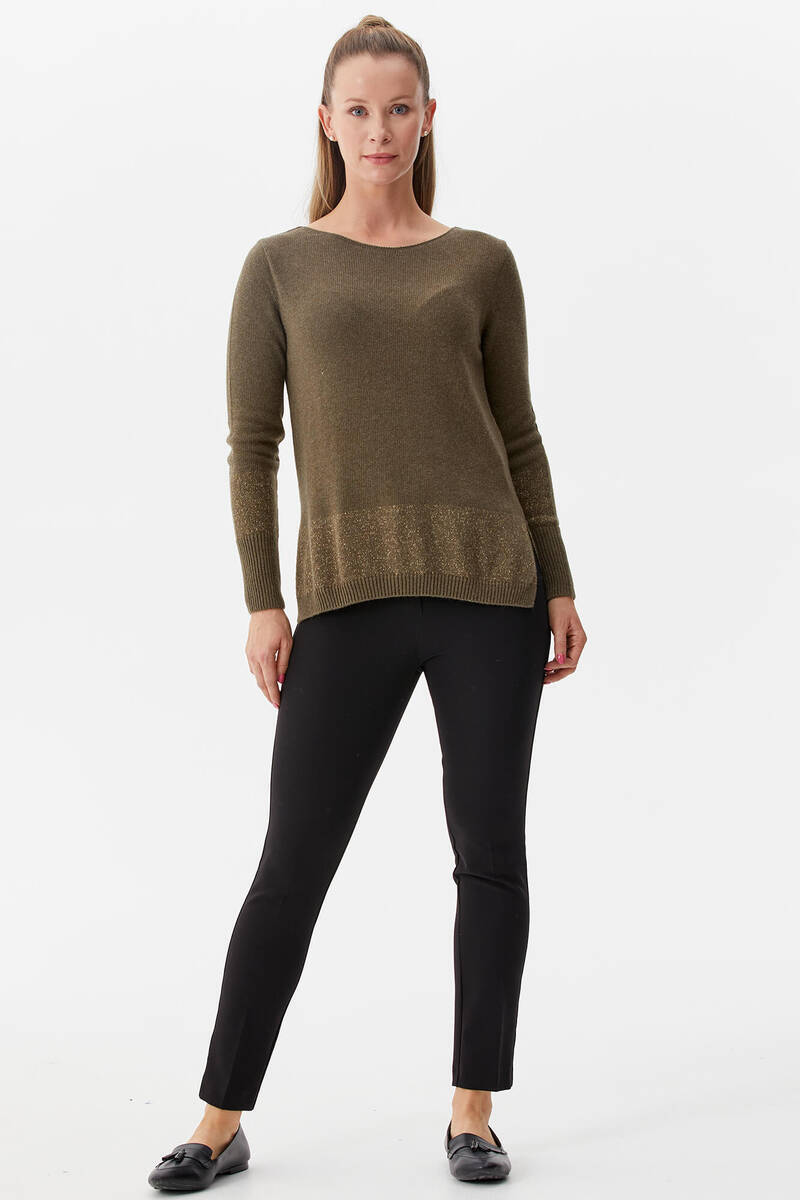 Kayık Yaka Sim Detaylı Triko Kazak - Haki (2) Sementa