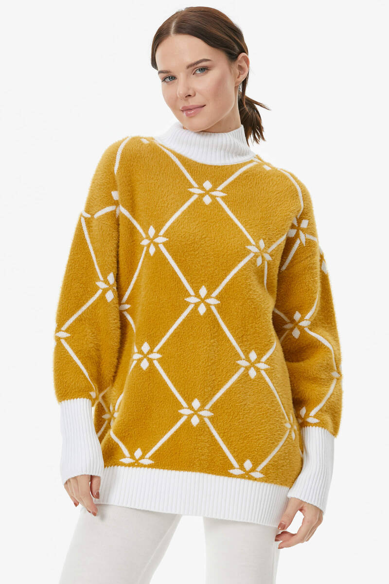 Yarım Balıkçı Baklava Desen Triko Kazak - Beyaz - Hardal (1) Sementa