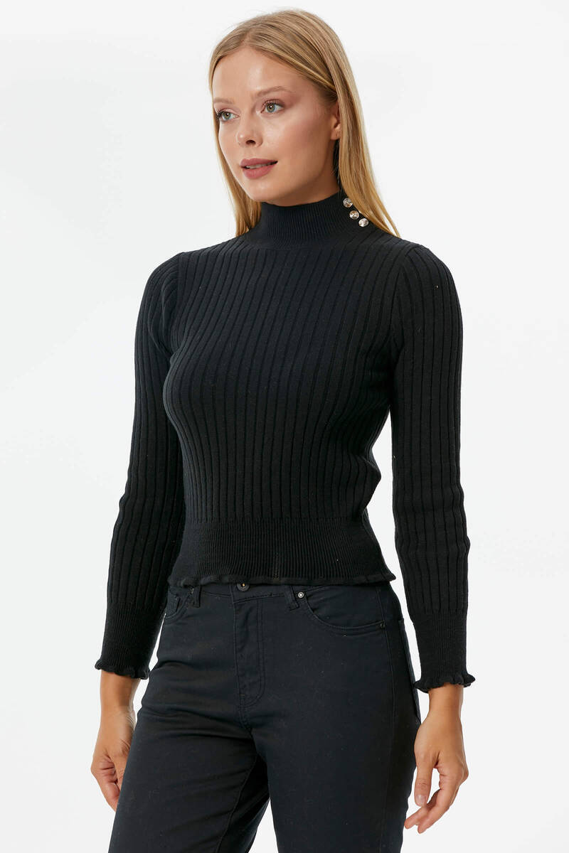 Yarım Balıkçı Düğmeli Derbili Triko Kazak - Siyah (1) Sementa